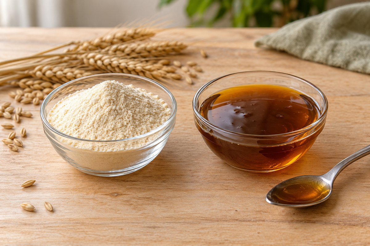 Dried malt extract powder beside amber liquid malt extract, illustrating the two brewing formats