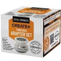 Retail box of Still Spirits Create+ Threaded Adapter Set showing included components and tri-clamp compatibility