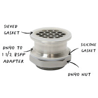 Diagram of Still Spirits Create+ Threaded Adapter Set with labeled parts including DN40 nut, sieved gasket, and silicone seal