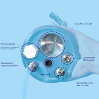 Annotated top-down view of Universal Apollo Stainless Lid with labels for Tri Clover port and ball lock fittings