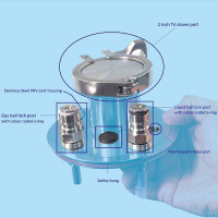 Diagram of Apollo Stainless Steel Lid highlighting 2 inch Tri Clover port, ball lock posts, and safety bung