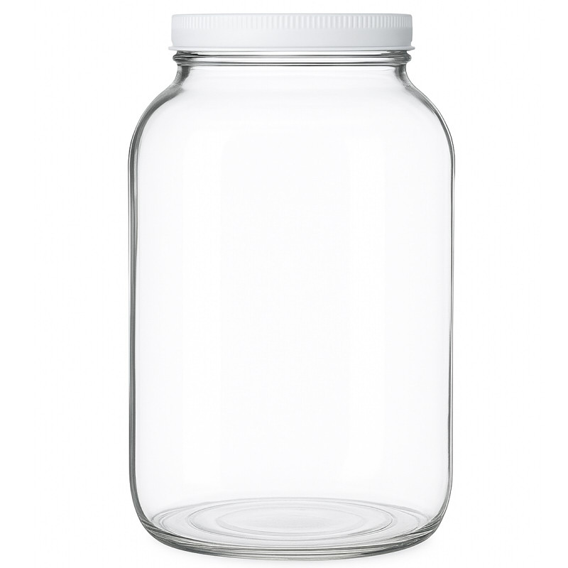 Clear 3.8L wide-mouth glass jar with white plastic screw lid, ideal for fermentation, infusions, or homebrewing small batches.