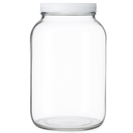 Clear 3.8L wide-mouth glass jar with white plastic screw lid, ideal for fermentation, infusions, or homebrewing small batches. Clear 3.8L wide-mouth glass jar with white plastic screw lid, ideal for fermentation, infusions, or homebrewing small batches.