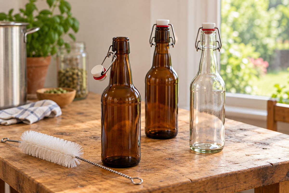 Amber and clear swing top bottles with a bottle brush on a home brewing workbench
