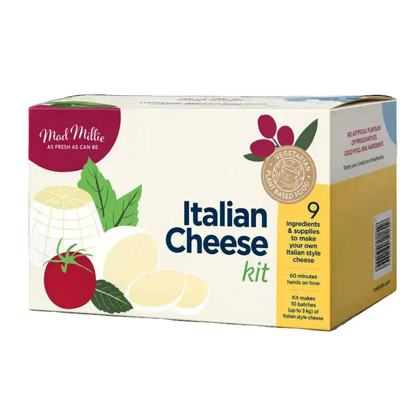 Mad Millie Italian Cheese Kit box, featuring illustrations of cheese, a tomato, and basil on a white background.